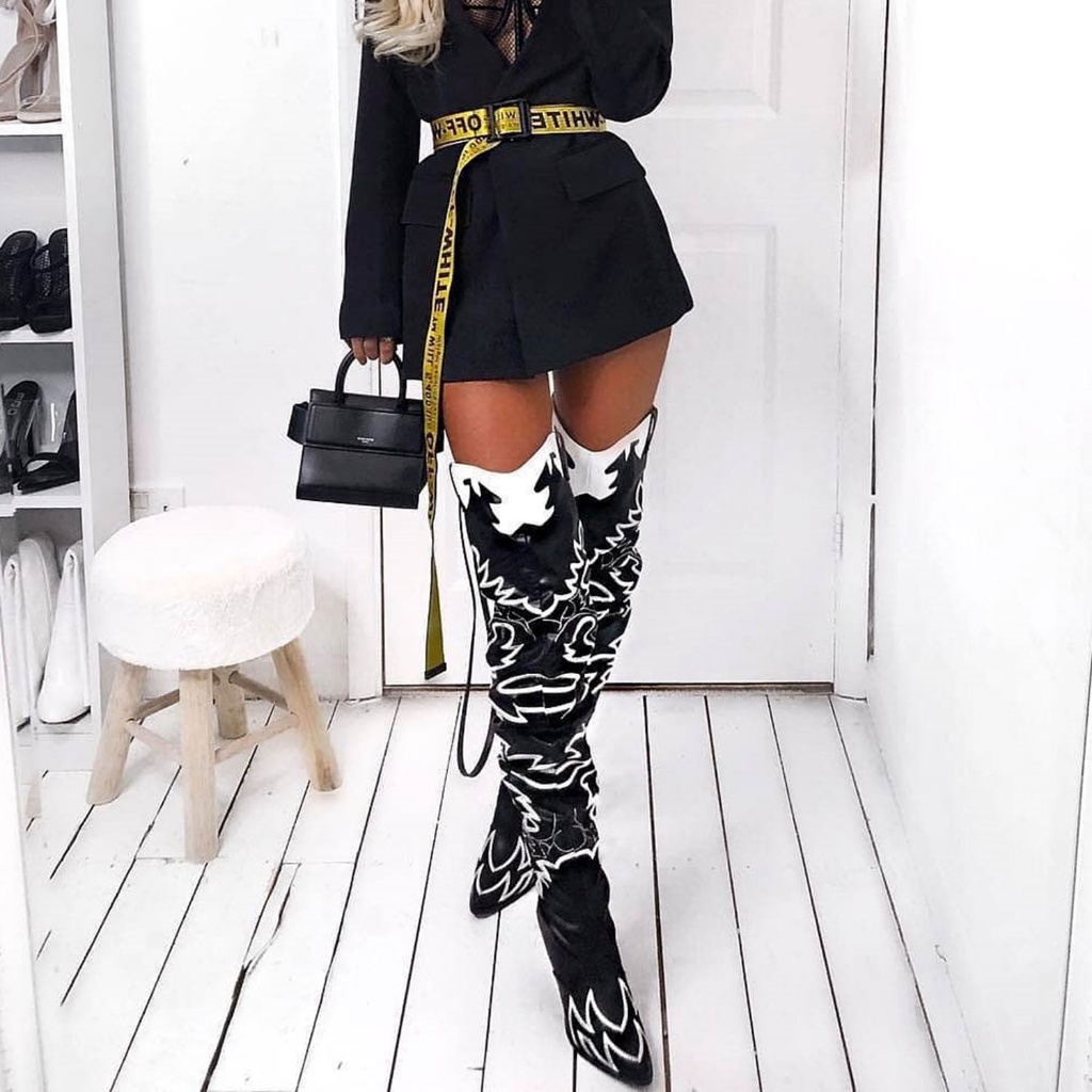 Over The Knee Tall Cowboy Boots Cape Robin Embroidered Black White Womans 8.5